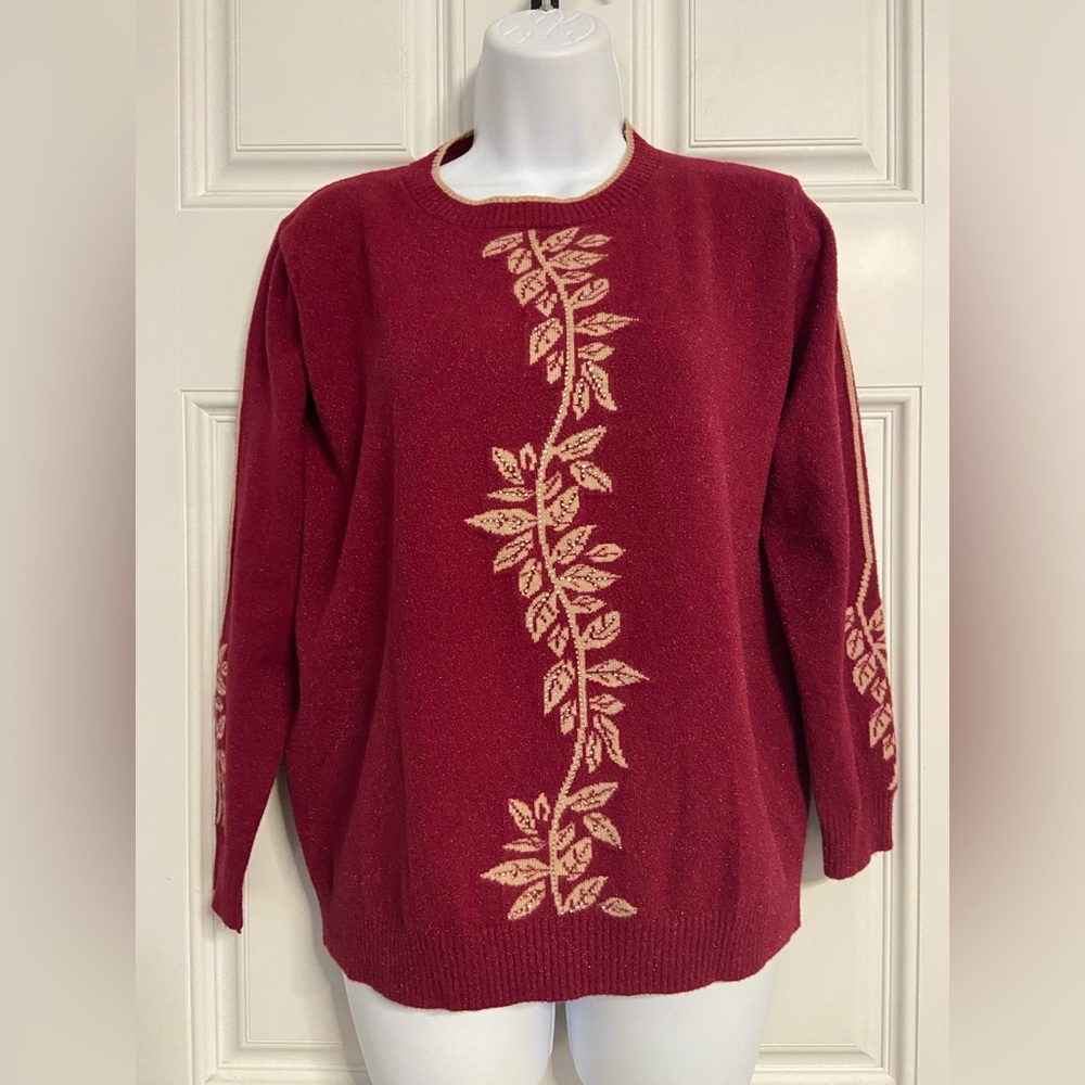 T13- Red Leaf Pattern Sequined Pullover Sweater